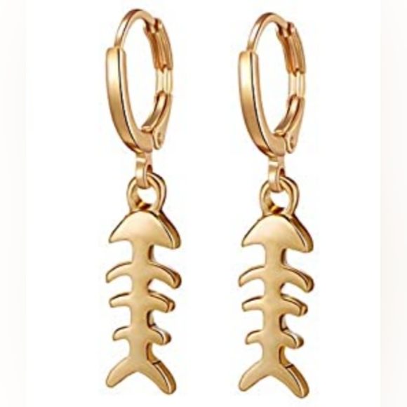 Gold Fish Skeleton Bone Charms Huggie Hoop Earrings Bones Minimalist Hoops New - Picture 1 of 3